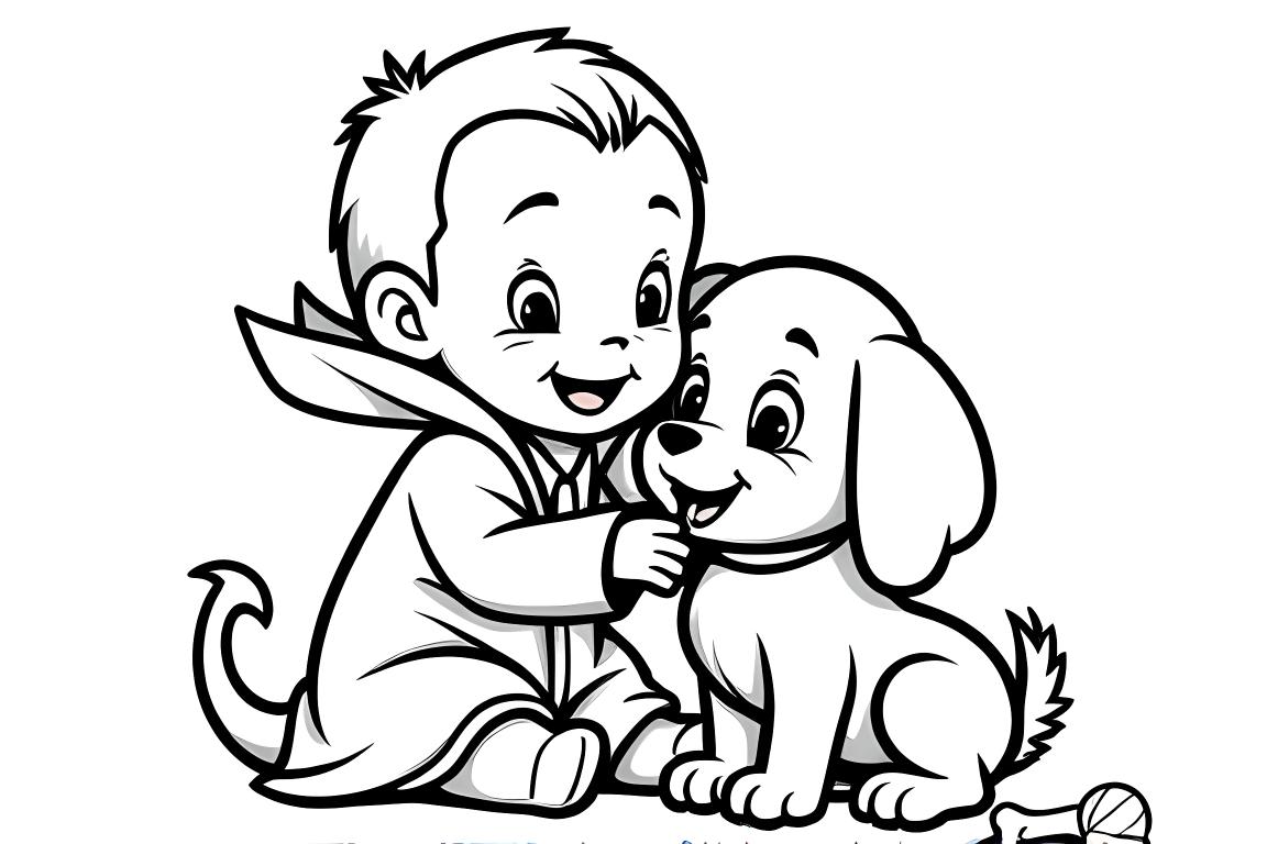 Pagina semplice del libro da colorare per bambini di un vampiro amichevole che gioca con un cucciolo carino, perfetta per i bambini piccoli
