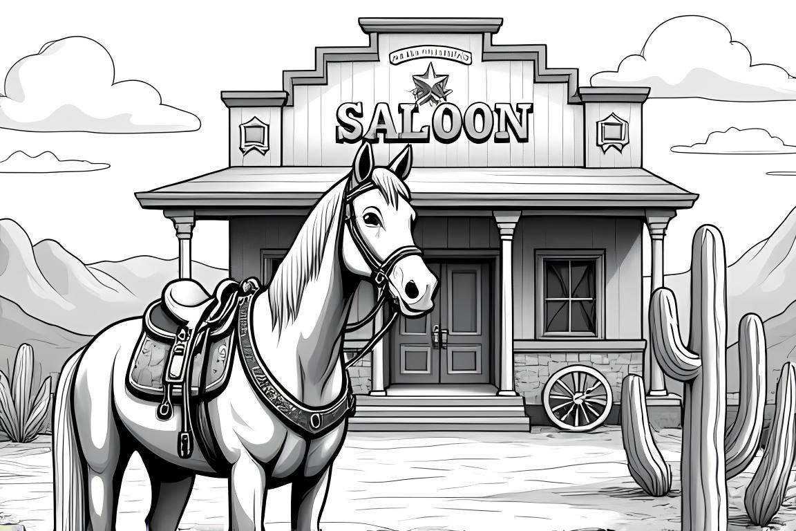 Ilustración detallada de un libro para colorear infantil de un caballo en un entorno del Viejo Oeste con decoraciones del oeste.