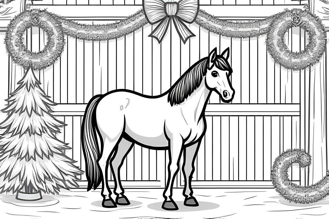 Illustrazione di un libro da colorare per bambini di un cavallo in una stalla decorata per Natale con elementi invernali