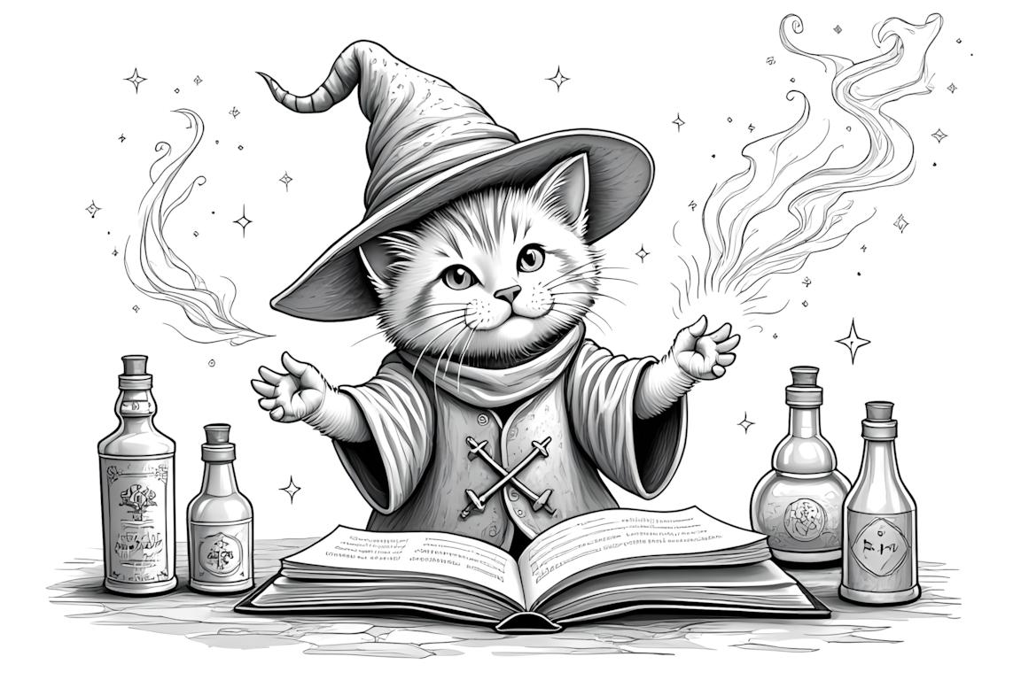 Ilustração detalhada de livro de colorir do gatinho mágico lançando feitiços em um estúdio mágico