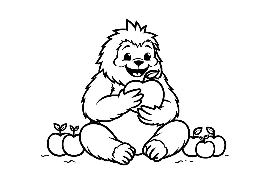 Ilustración sencilla de un libro para colorear infantil de un yéti amigable comiendo una manzana como merienda saludable, perfecto para niños pequeños