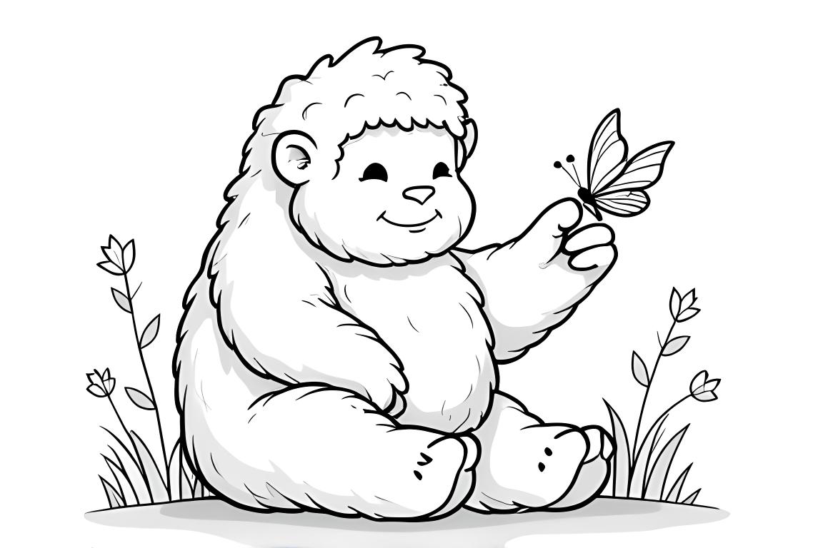 Illustration simple d'un livre de coloriage pour enfants avec un yéti amical avec un papillon se posant sur son doigt, parfait pour les tout-petits