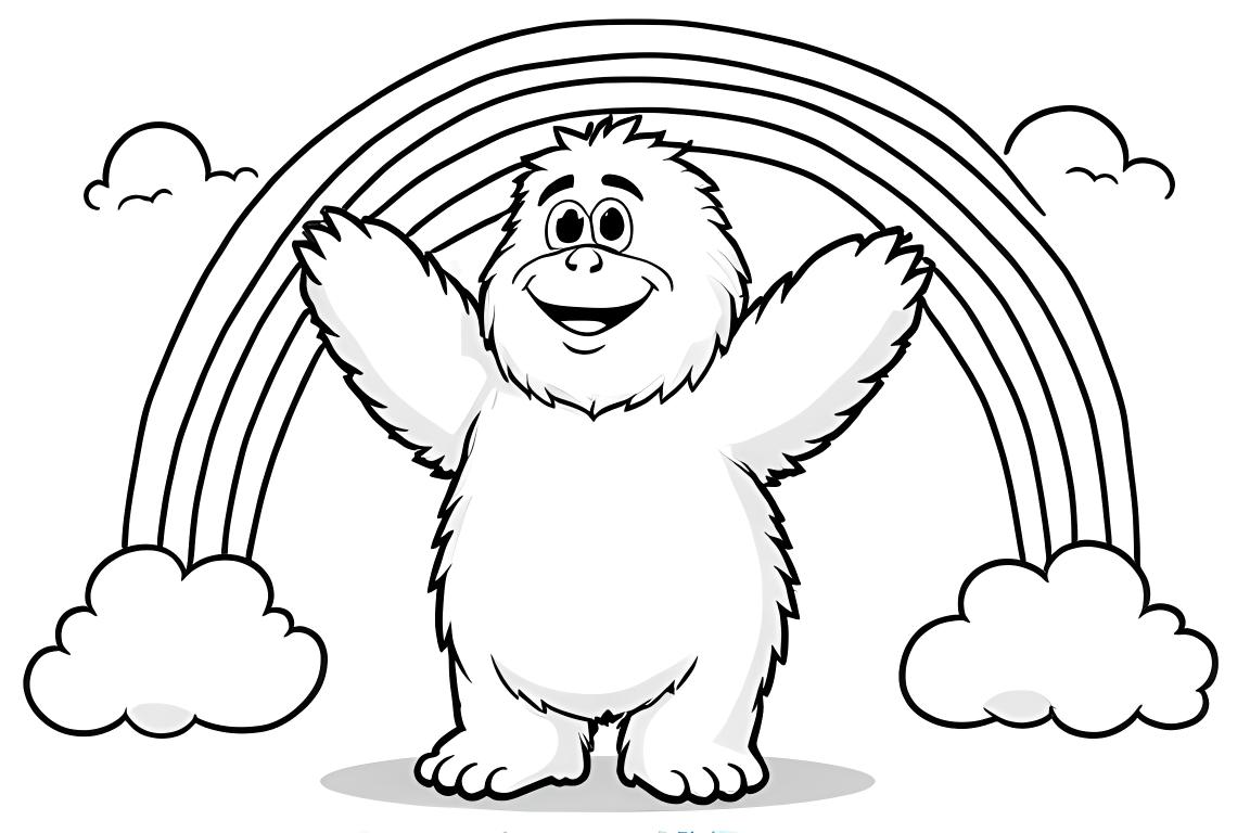 Einfache Kinder-Malbuchillustration eines freundlichen Yetis, der unter einem Regenbogen mit Wolken feiert, perfekt für Kleinkinder