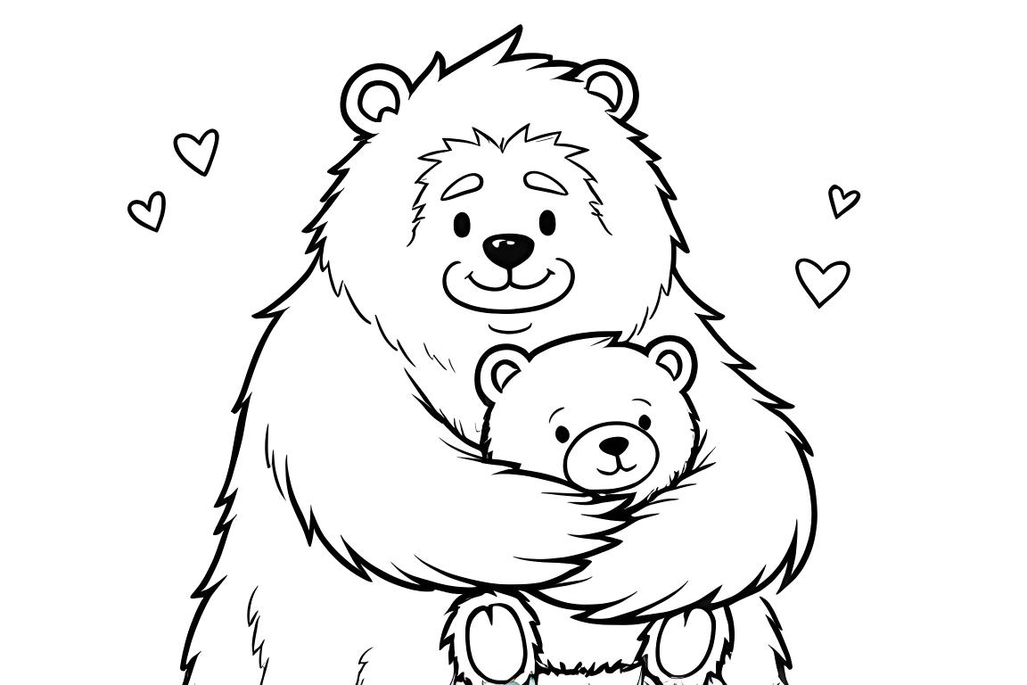 Ilustración sencilla de un libro para colorear infantil de un yéti amigable abrazando un osito de peluche con corazones alrededor, perfecto para niños pequeños